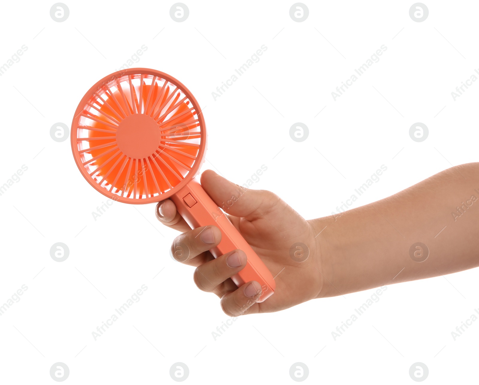 Photo of Little boy with portable fan on white background, closeup. Summer heat