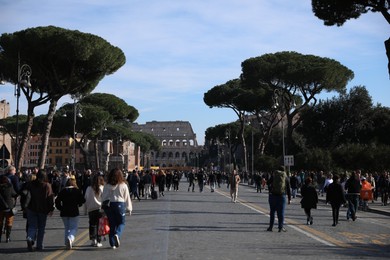 Rome, Italy - February 4, 2024 : People walking on city street