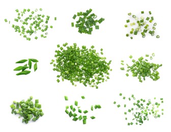 Image of Collage of chopped green onion on white background