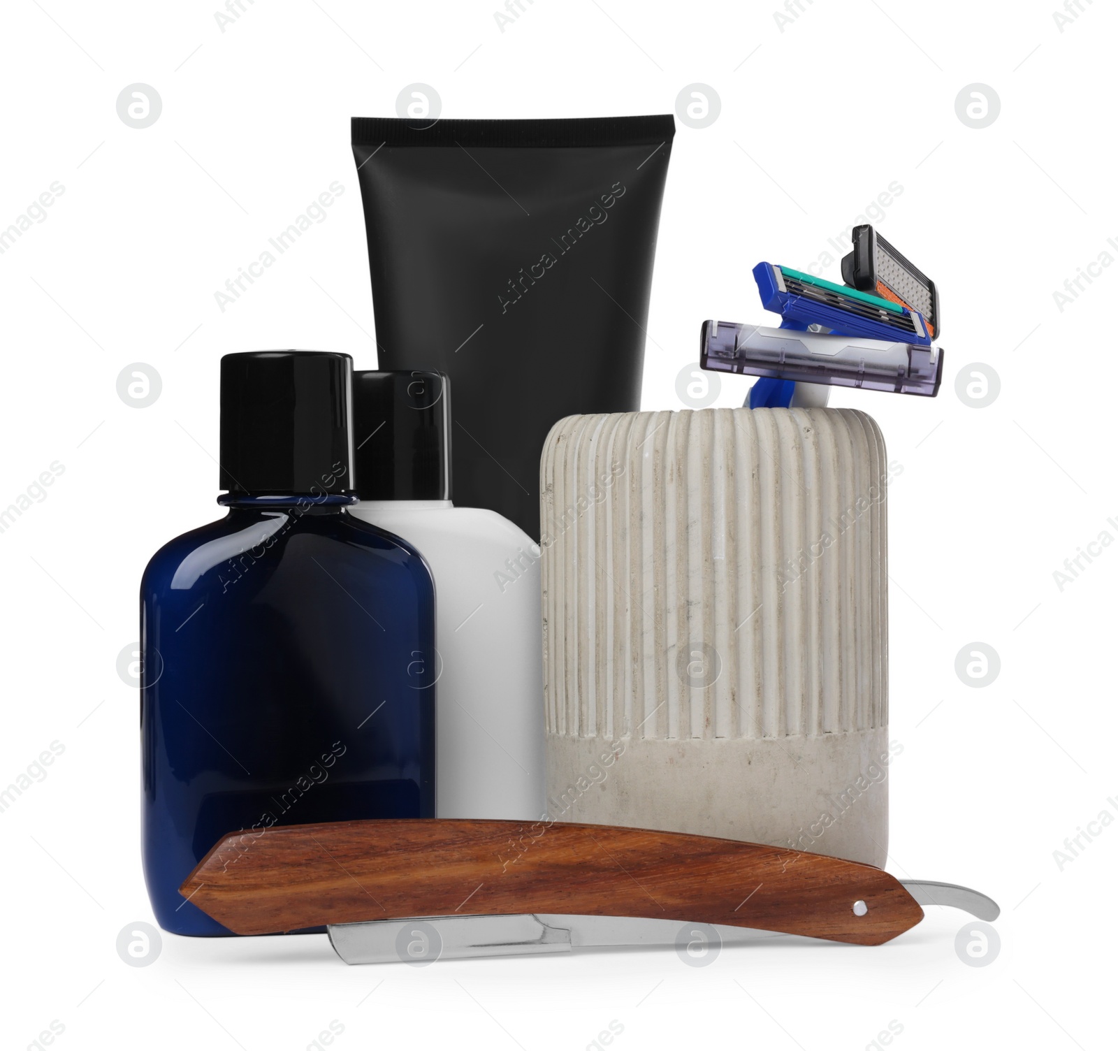 Photo of Set of men's shaving accessories on white background