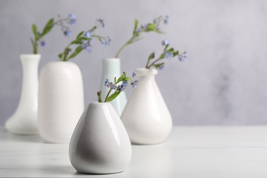 Beautiful forget-me-not flowers in vases on white table, closeup