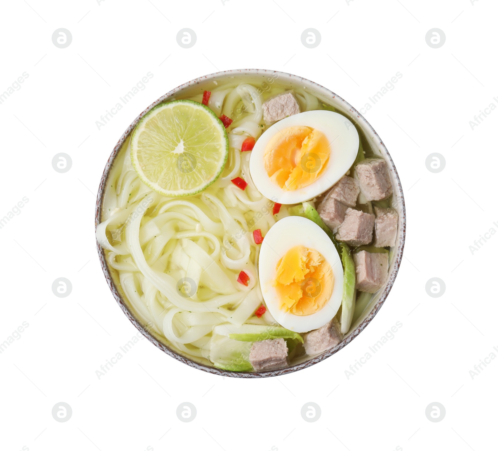 Photo of Bowl of delicious rice noodle soup with meat and egg isolated on white, top view