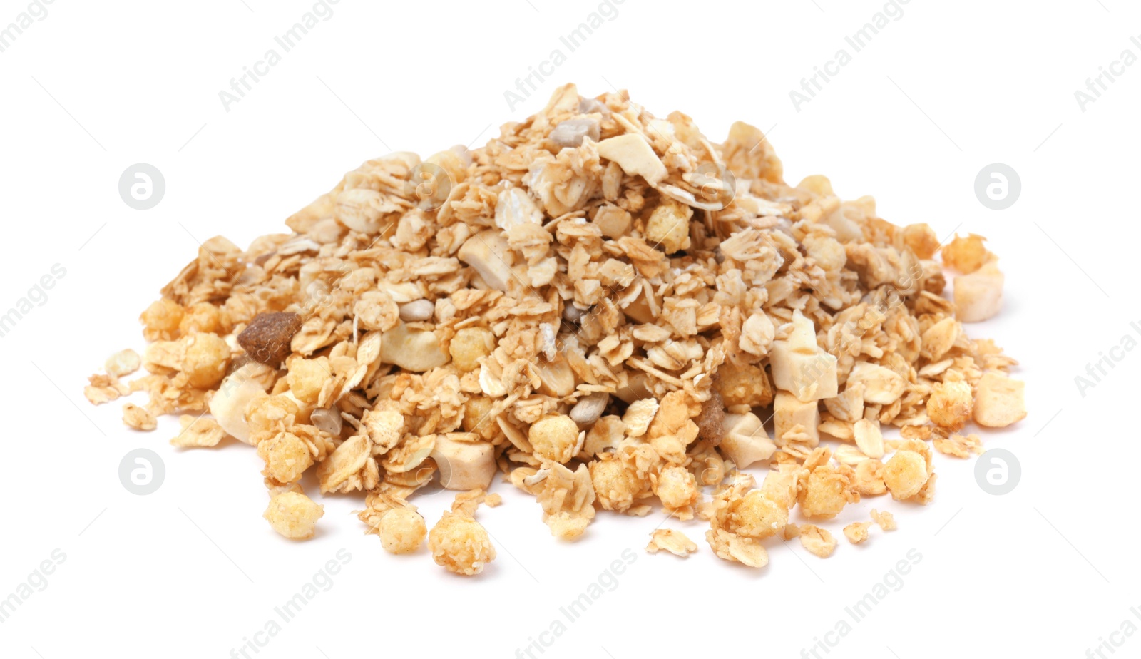 Photo of Pile of granola on white background. Healthy snack