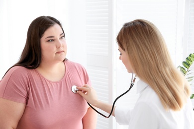Female doctor listening to patient's heartbeat with stethoscope in clinic