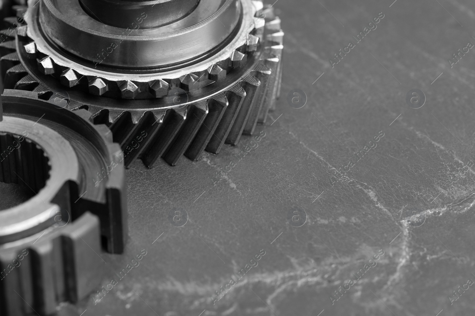 Photo of Different stainless steel gears on grey background, closeup. Space for text