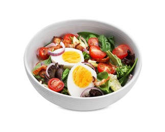 Delicious salad with boiled egg, bacon and vegetables in bowl isolated on white