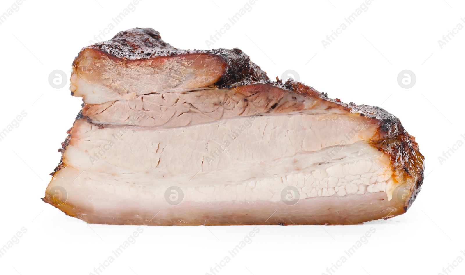 Photo of Piece of tasty baked pork belly isolated on white