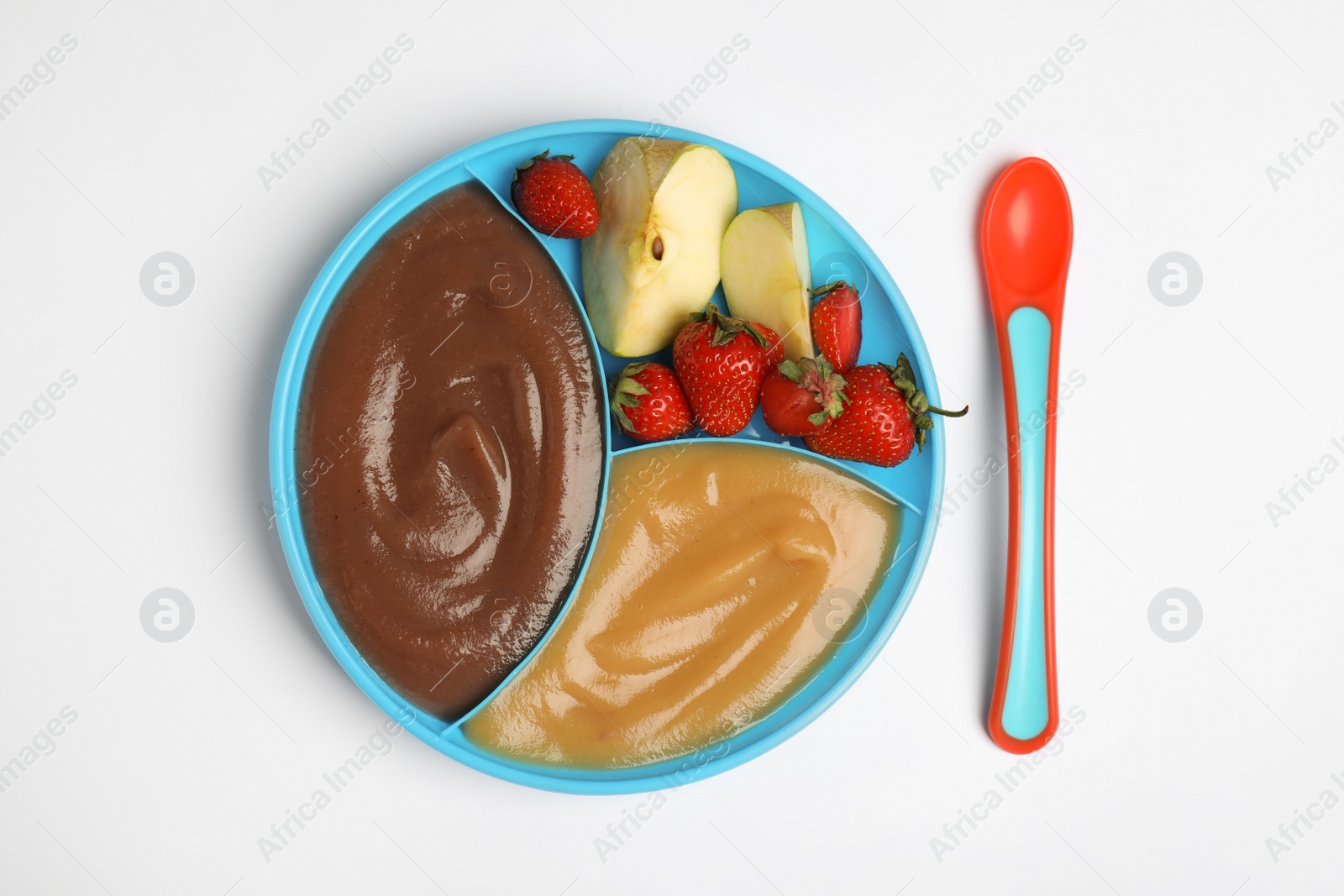 Photo of Healthy baby food with ingredients and spoon on white background, flat lay