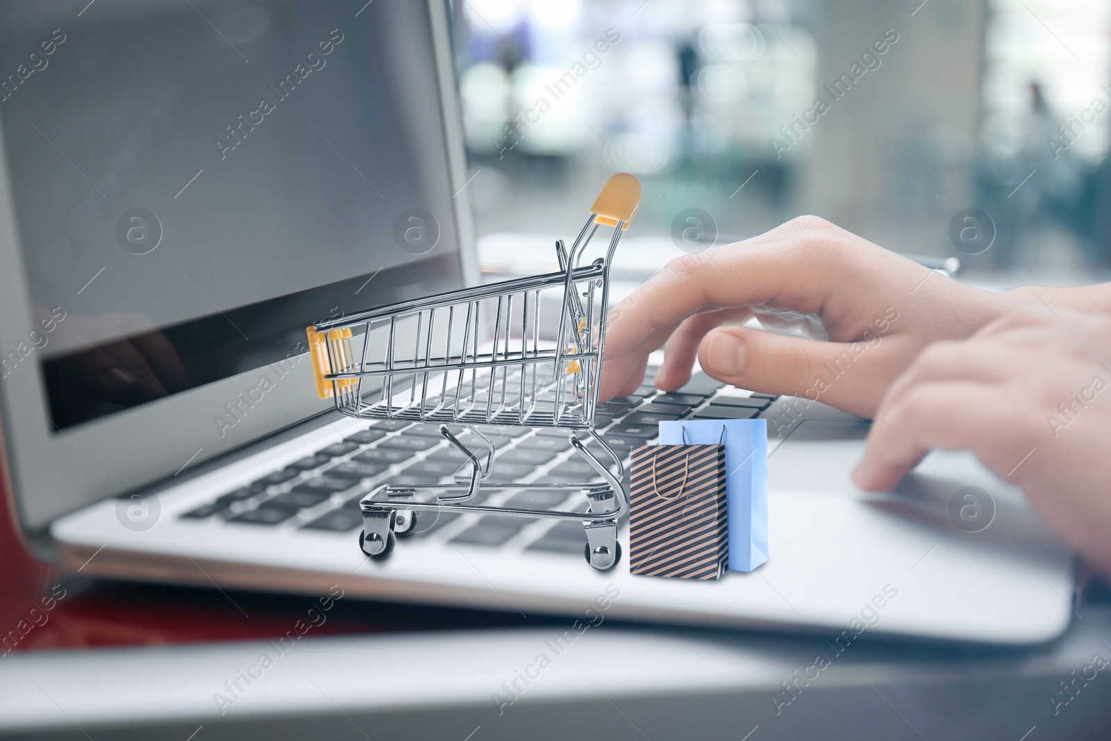 Image of Woman shopping online using laptop, focus on small cart and bags
