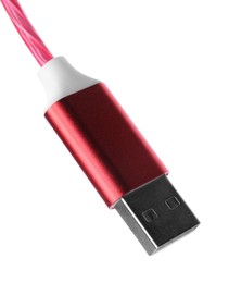 Photo of Red USB cable isolated on white. Modern technology