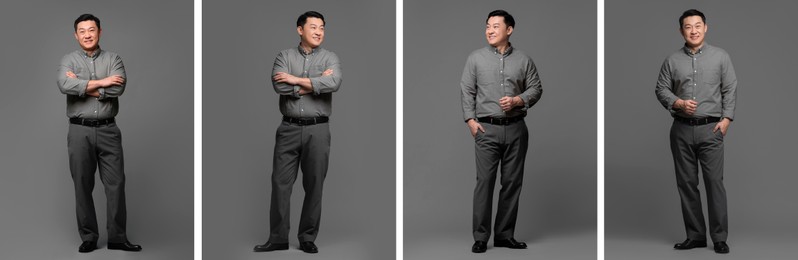 Full length portrait of Asian man on grey background, set with photos