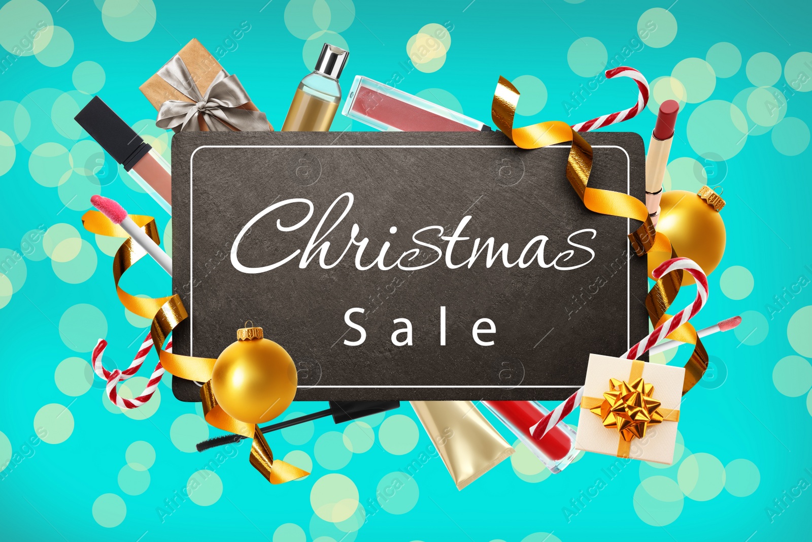 Image of Christmas sale ad with makeup products and decor