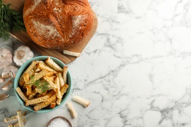 Delicious hard chucks on white marble table, flat lay. Space for text