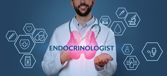 Endocrinologist holding thyroid illustration surrounded by icons on blue background, closeup. Banner design
