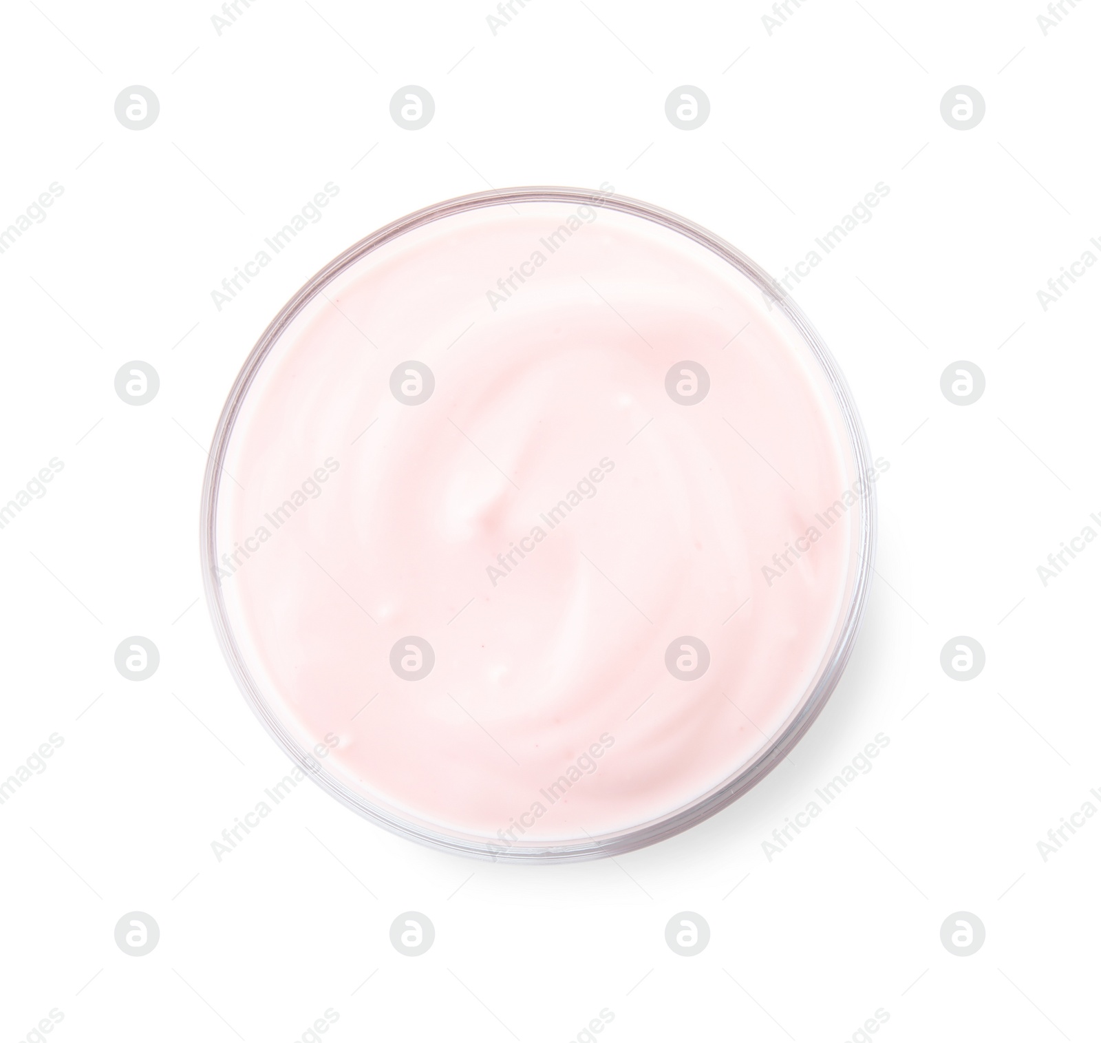 Photo of Glass bowl with creamy yogurt on white background, top view