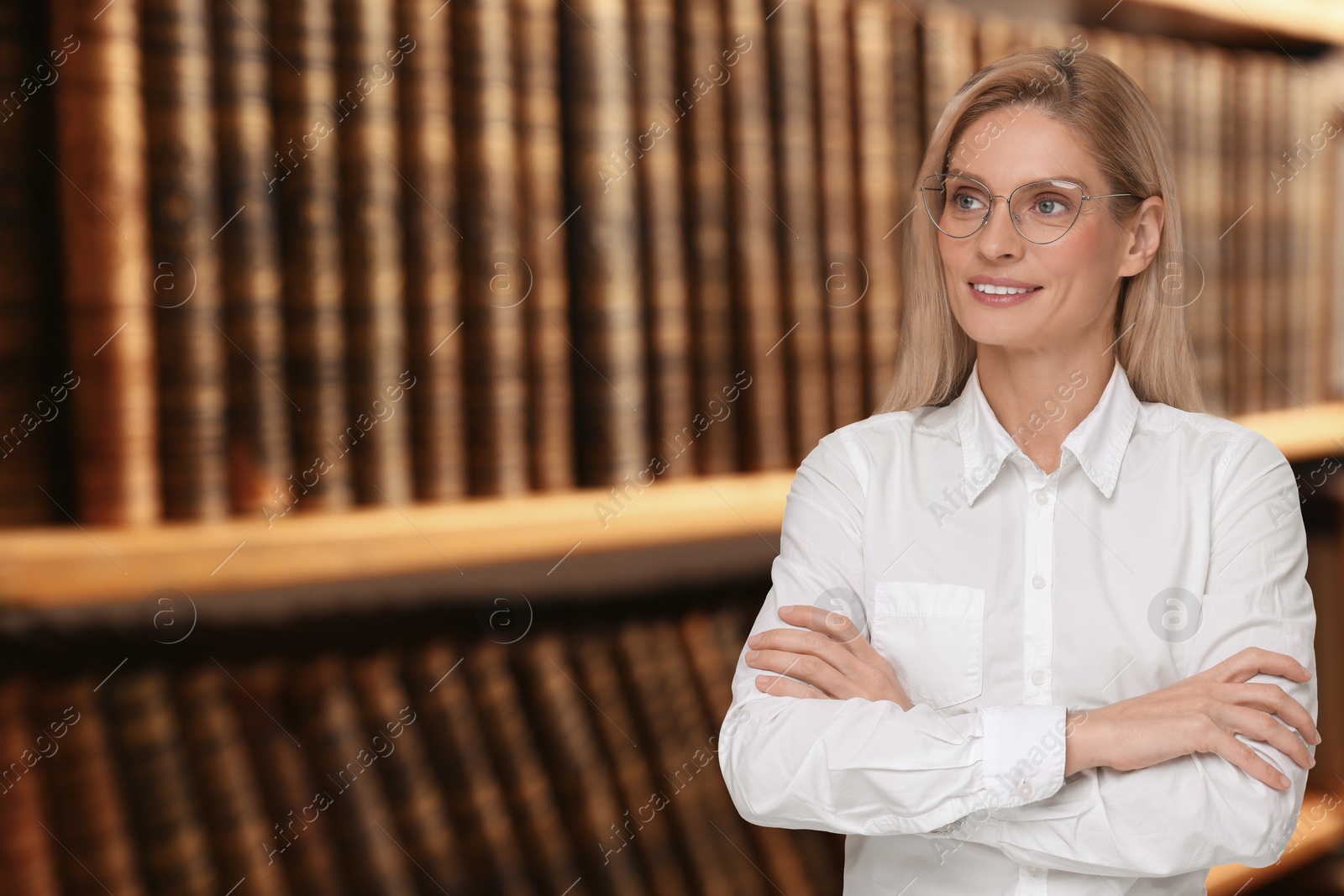 Image of Lawyer, consultant, business owner. Confident woman smiling on blurred background, space for text