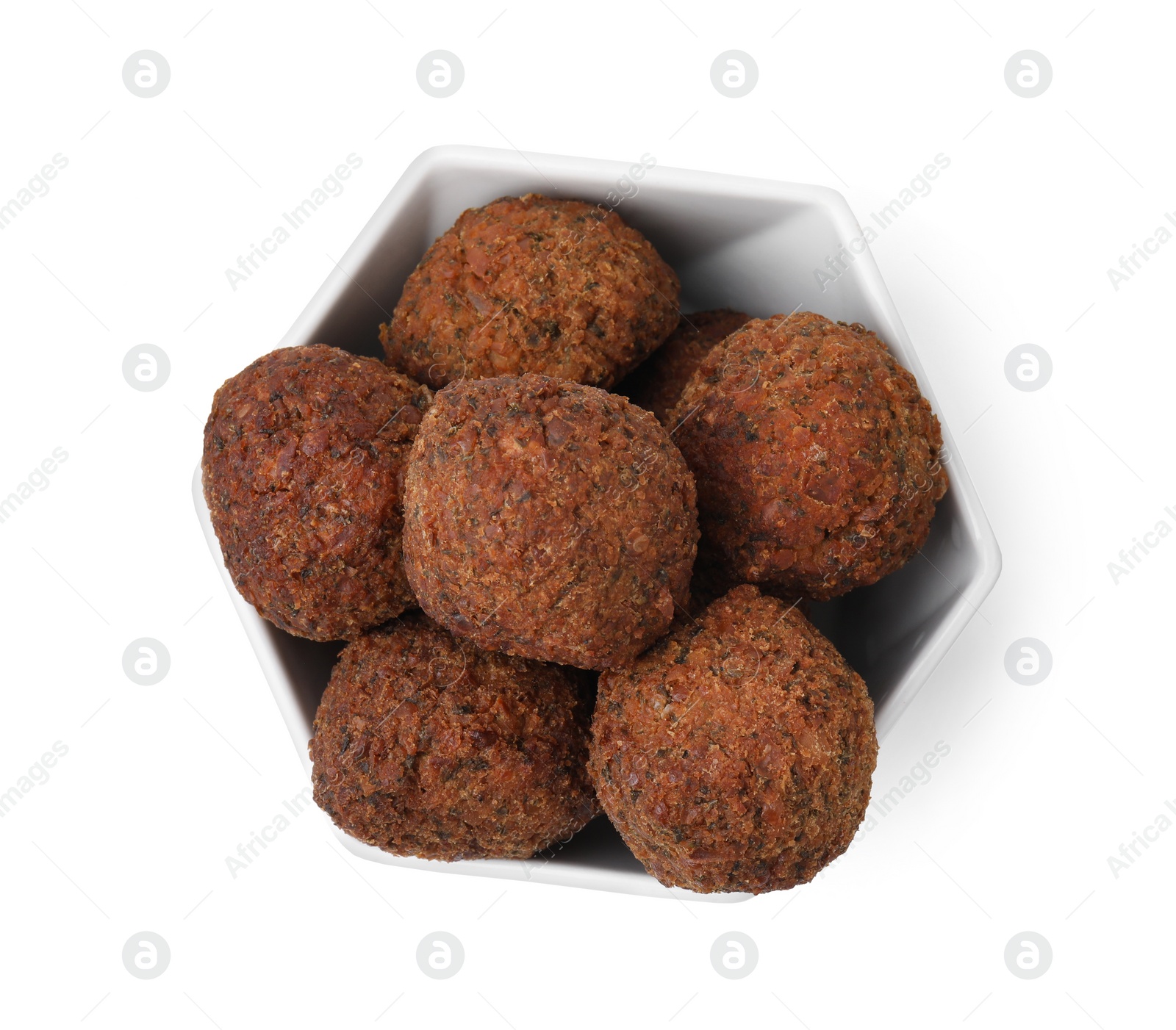 Photo of Delicious falafel balls in bowl isolated on white, top view