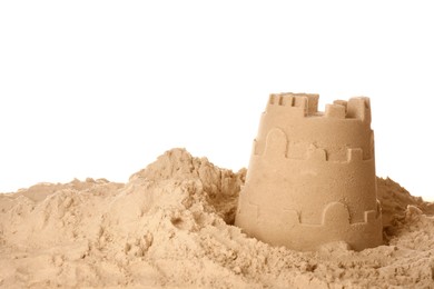 Photo of Castle of sand on white background. Outdoor play