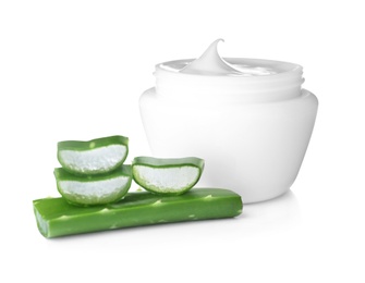 Photo of Aloe cream and sliced leaves on white background