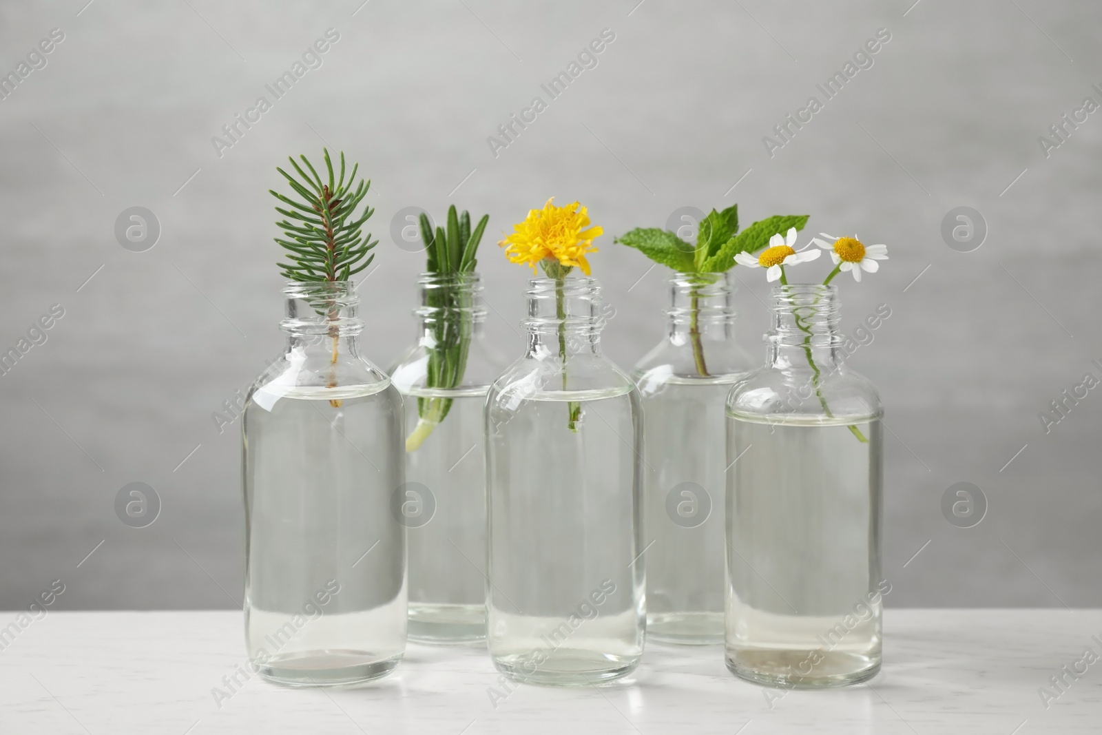 Photo of Glass bottles of different essential oils with plants on table