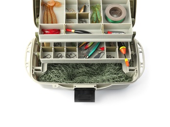Photo of Box with fishing tackle on white background, above view