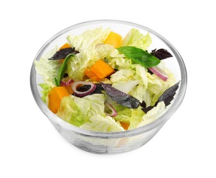 Delicious salad with Chinese cabbage, tomato and basil isolated on white