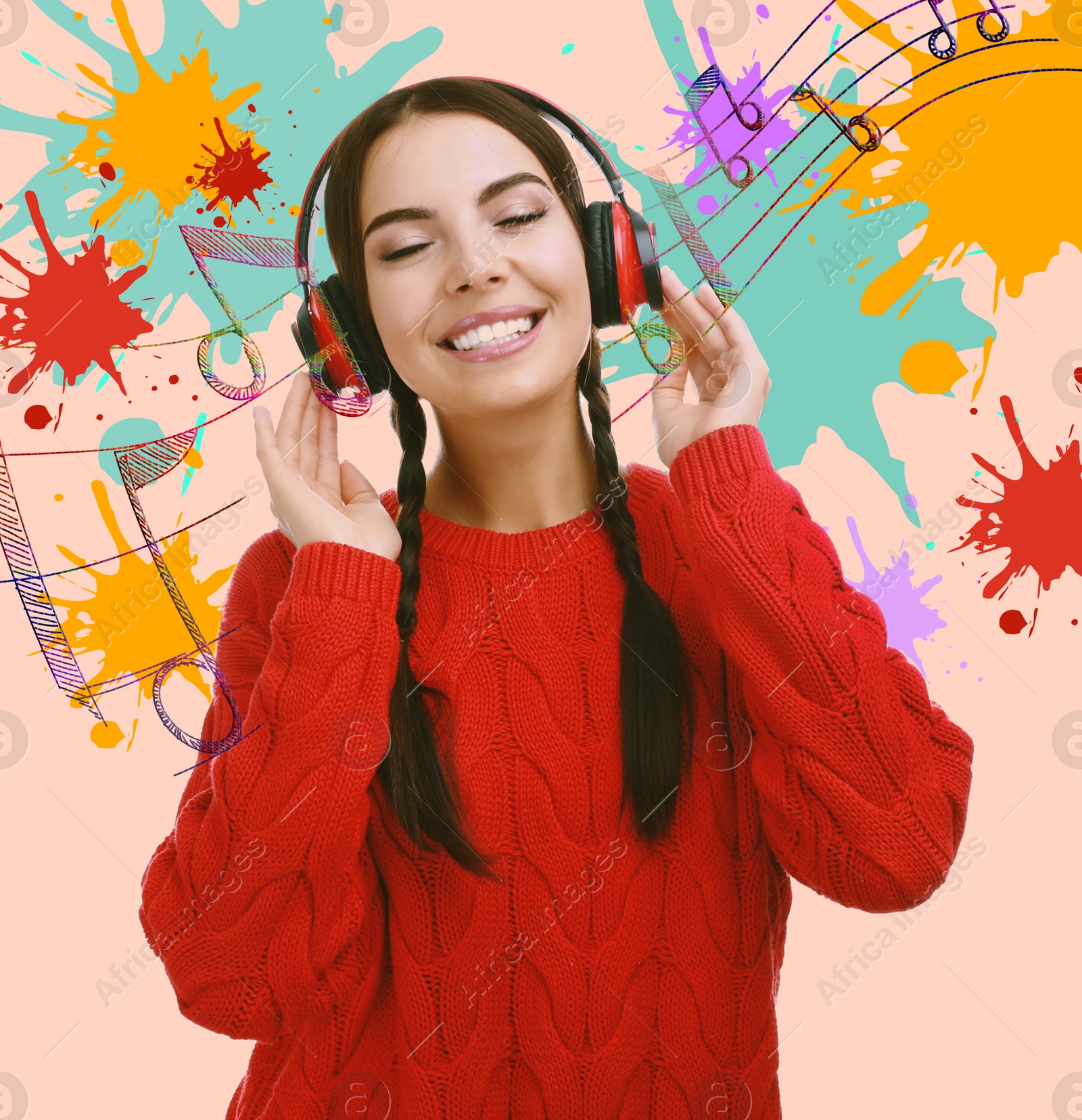 Image of Young woman listening to music with headphones on color background. Bright notes illustration