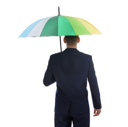 Businessman with rainbow umbrella on white background, back view