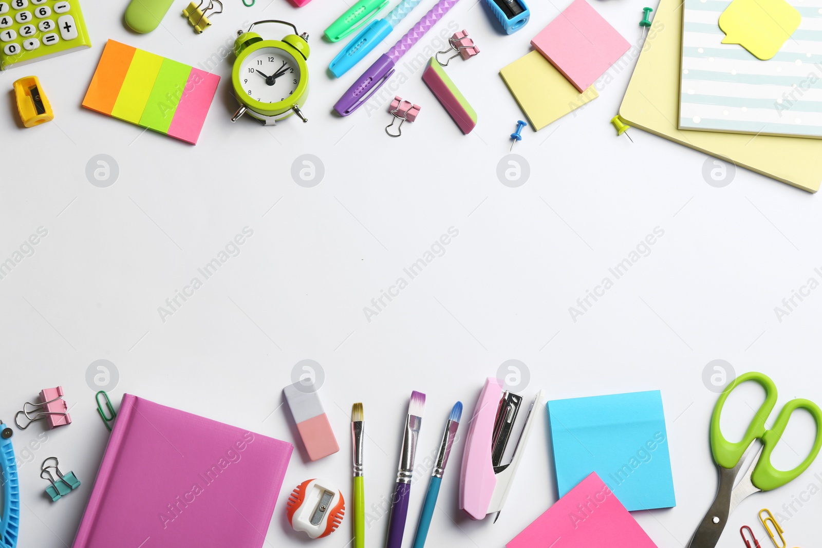 Photo of School stationery on white background, flat lay with space for text. Back to school