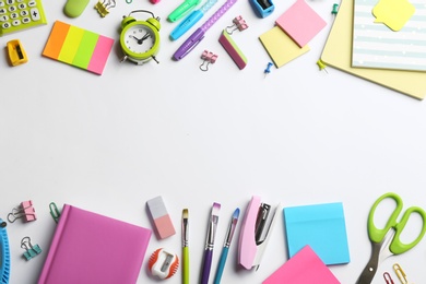 Photo of School stationery on white background, flat lay with space for text. Back to school