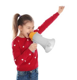 Photo of Cute funny girl with megaphone on white background