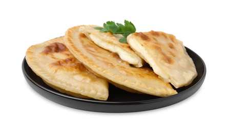 Photo of Delicious fried chebureki with cheese and parsley isolated on white