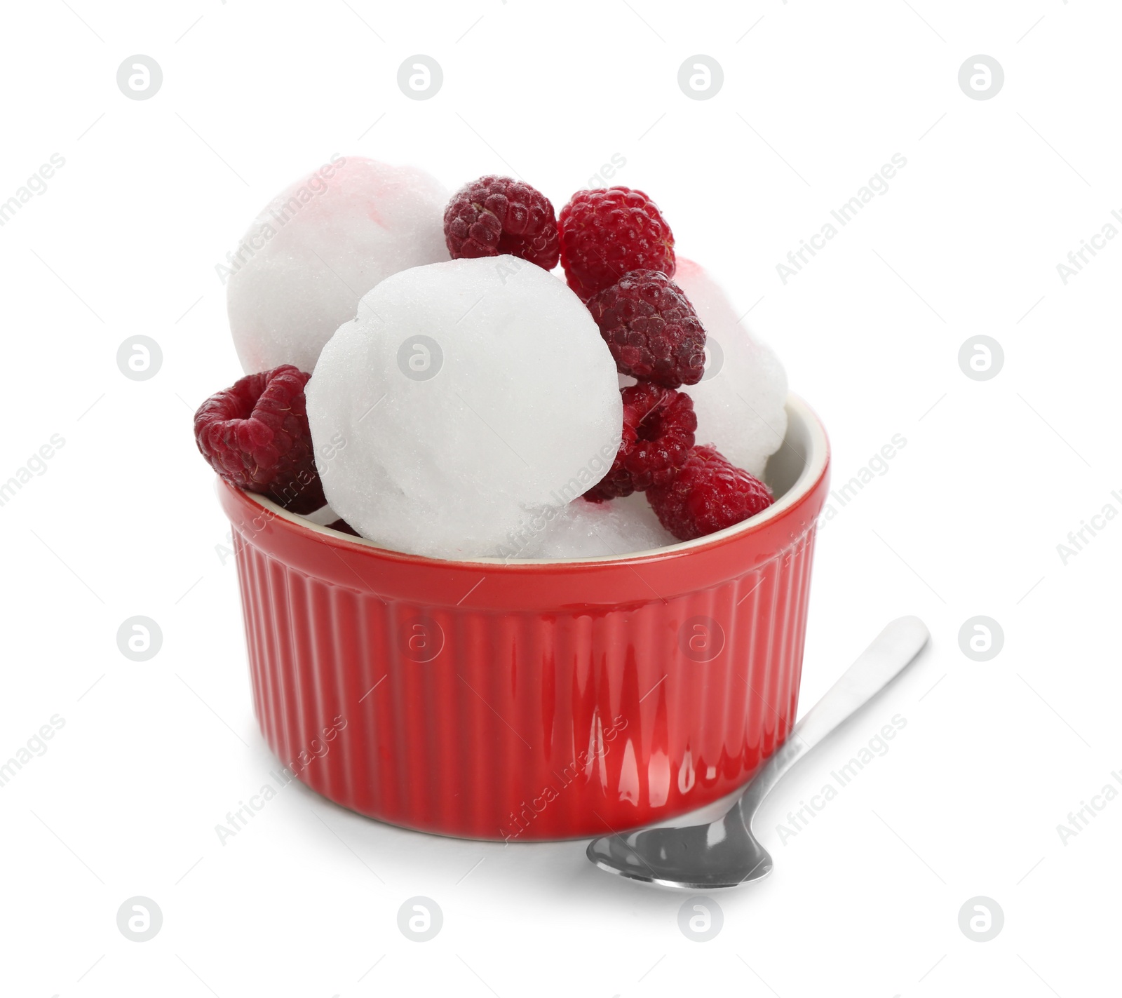 Photo of Snow ice cream with raspberries in bowl and spoon on white background