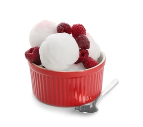 Photo of Snow ice cream with raspberries in bowl and spoon on white background