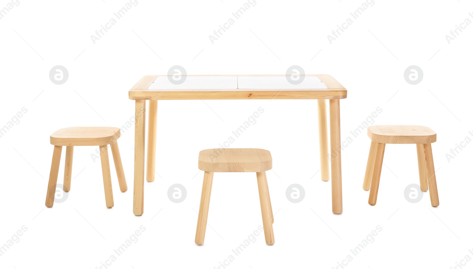 Photo of Wooden table and stools for kids isolated on white