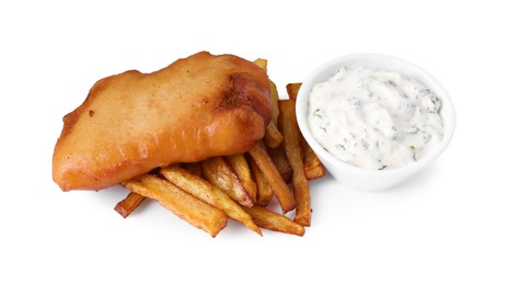 Photo of Tasty fish, chips and sauce isolated on white