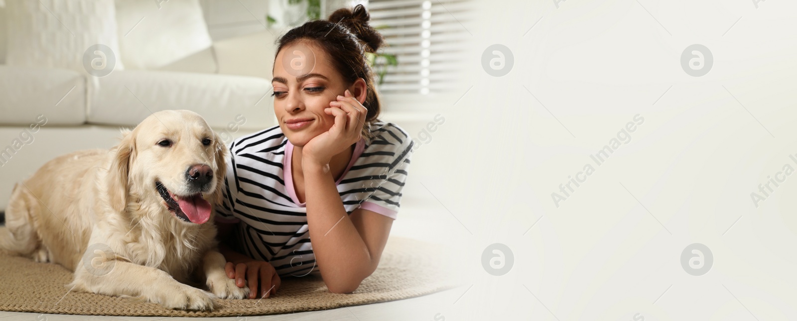 Image of Young woman with her pet at home, space for text. Banner design