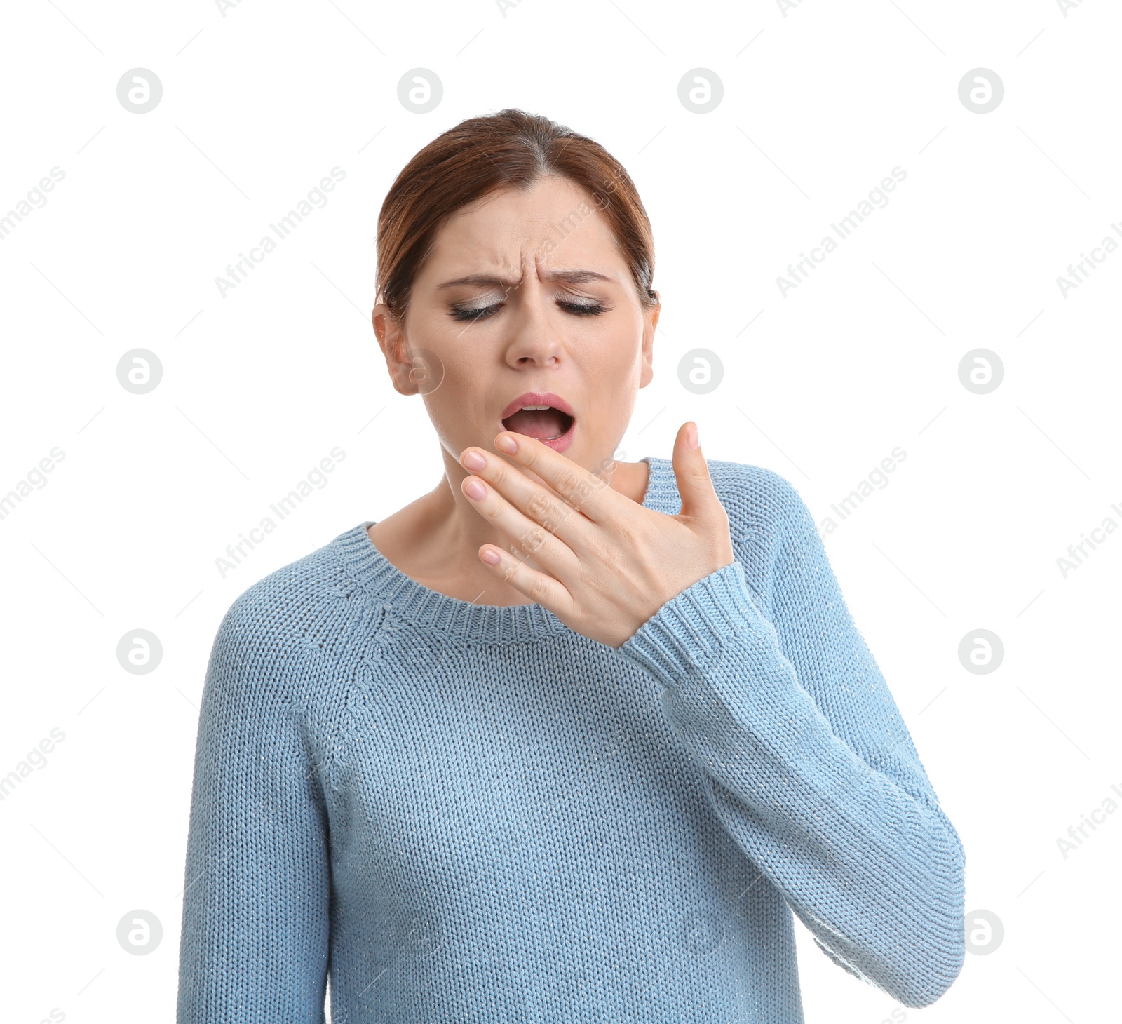 Photo of Woman suffering from cough isolated on white