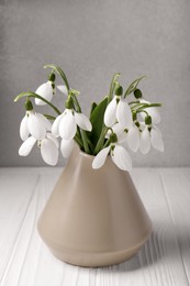 Photo of Beautiful snowdrops in vase on white wooden table