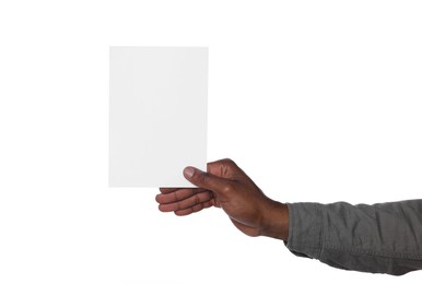 African American man holding sheet of paper on white background, closeup. Mockup for design