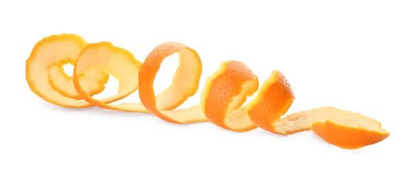 Spiral orange fruit peel isolated on white