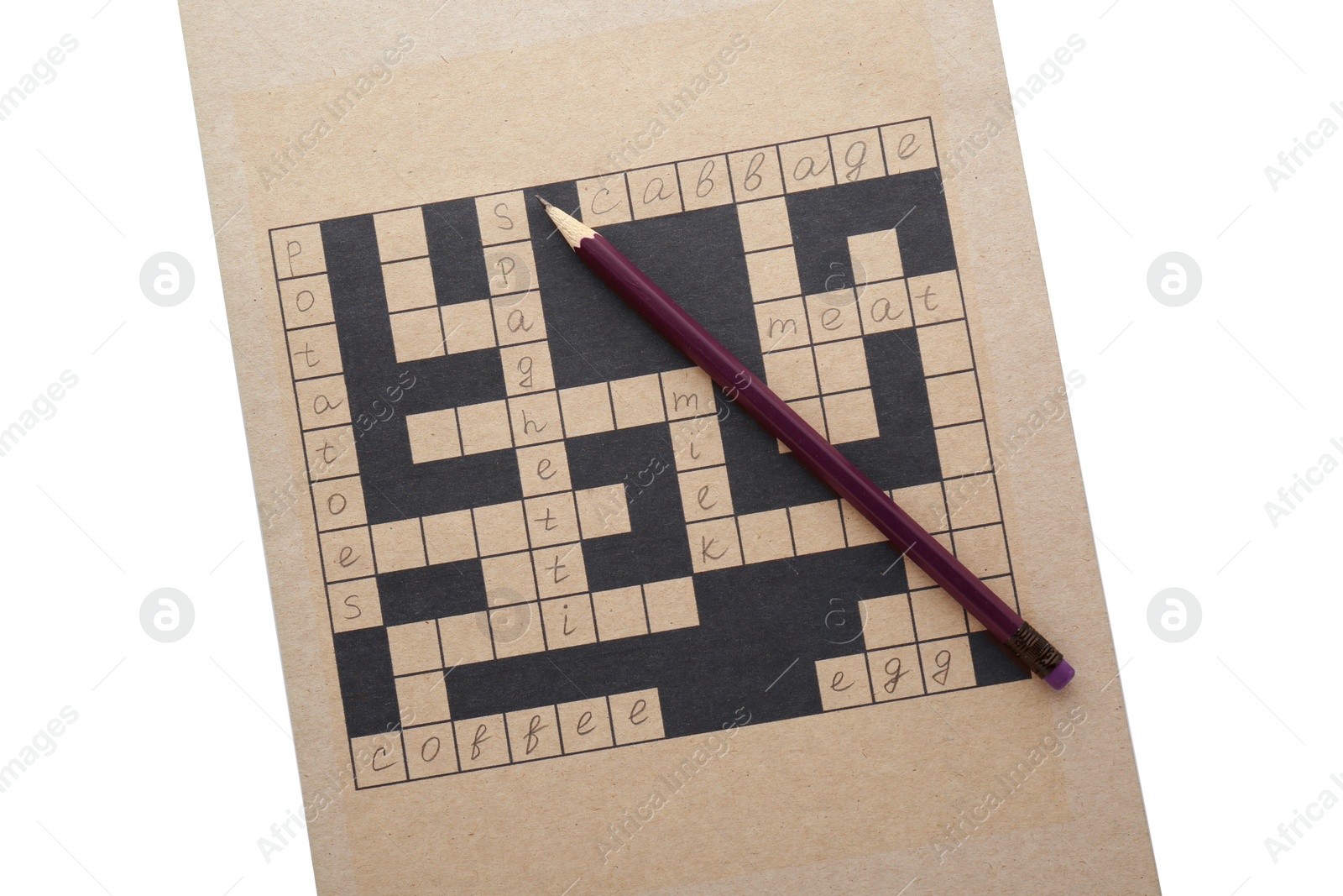 Photo of Blank crossword and pencil on white background, top view