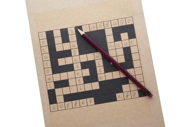Blank crossword and pencil on white background, top view