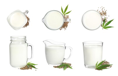 Image of Different glassware with hemp milk on white background, collage