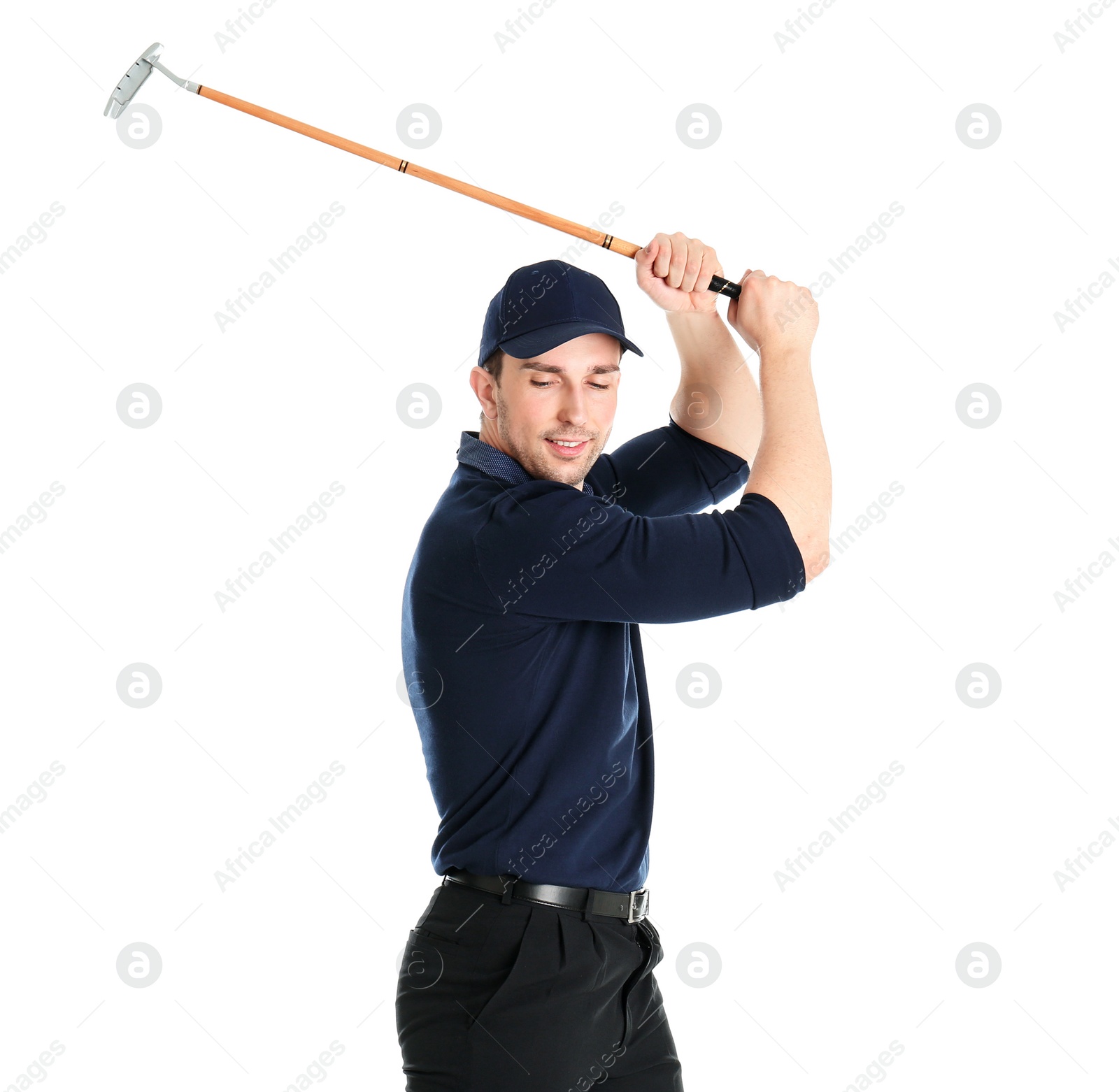 Photo of Portrait of young man with golf club isolated on white