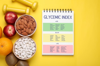 Image of Glycemic index. Information about grouping of products under their GI in notebook, fruits, almonds, beans and dumbbells on yellow background, flat lay