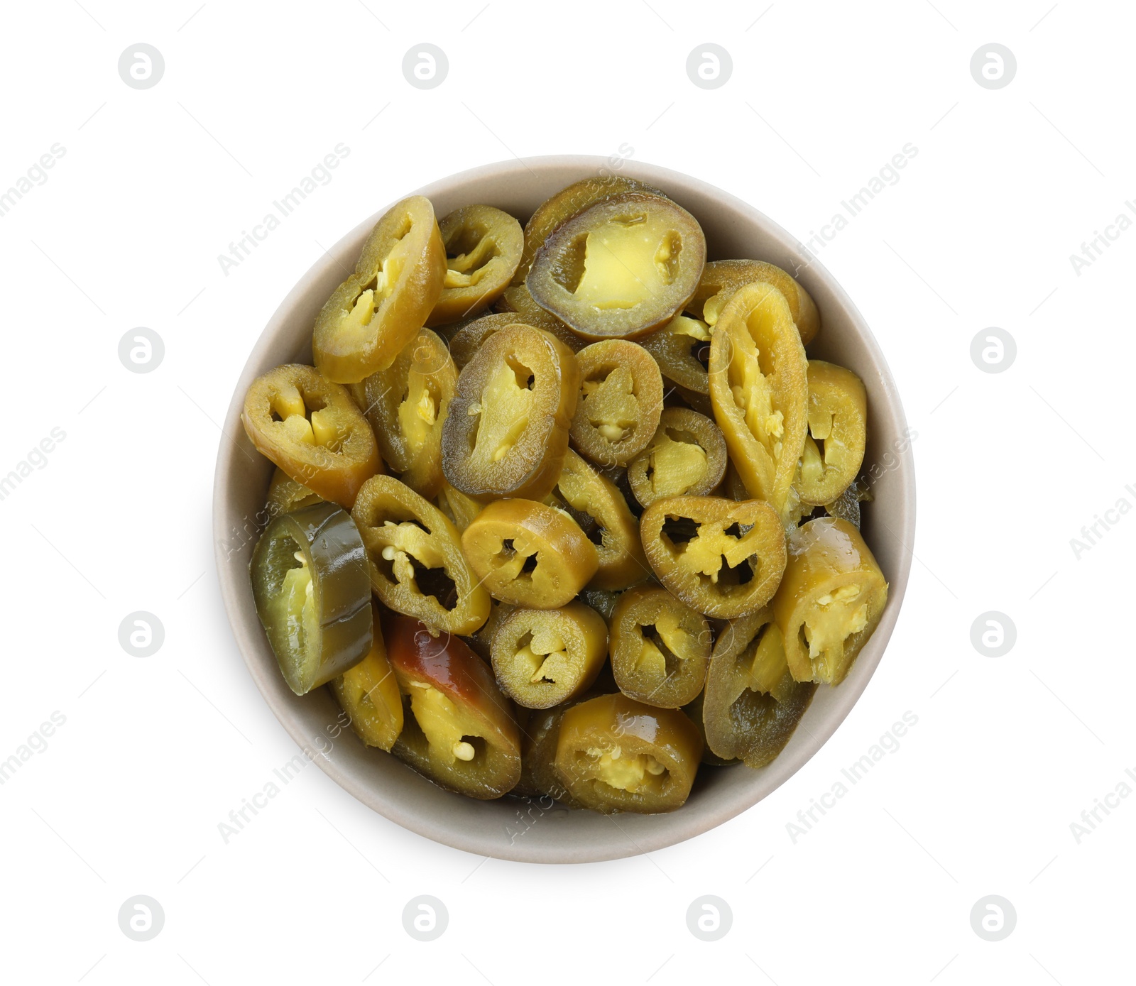 Photo of Slices of pickled green jalapenos in bowl isolated on white, top view