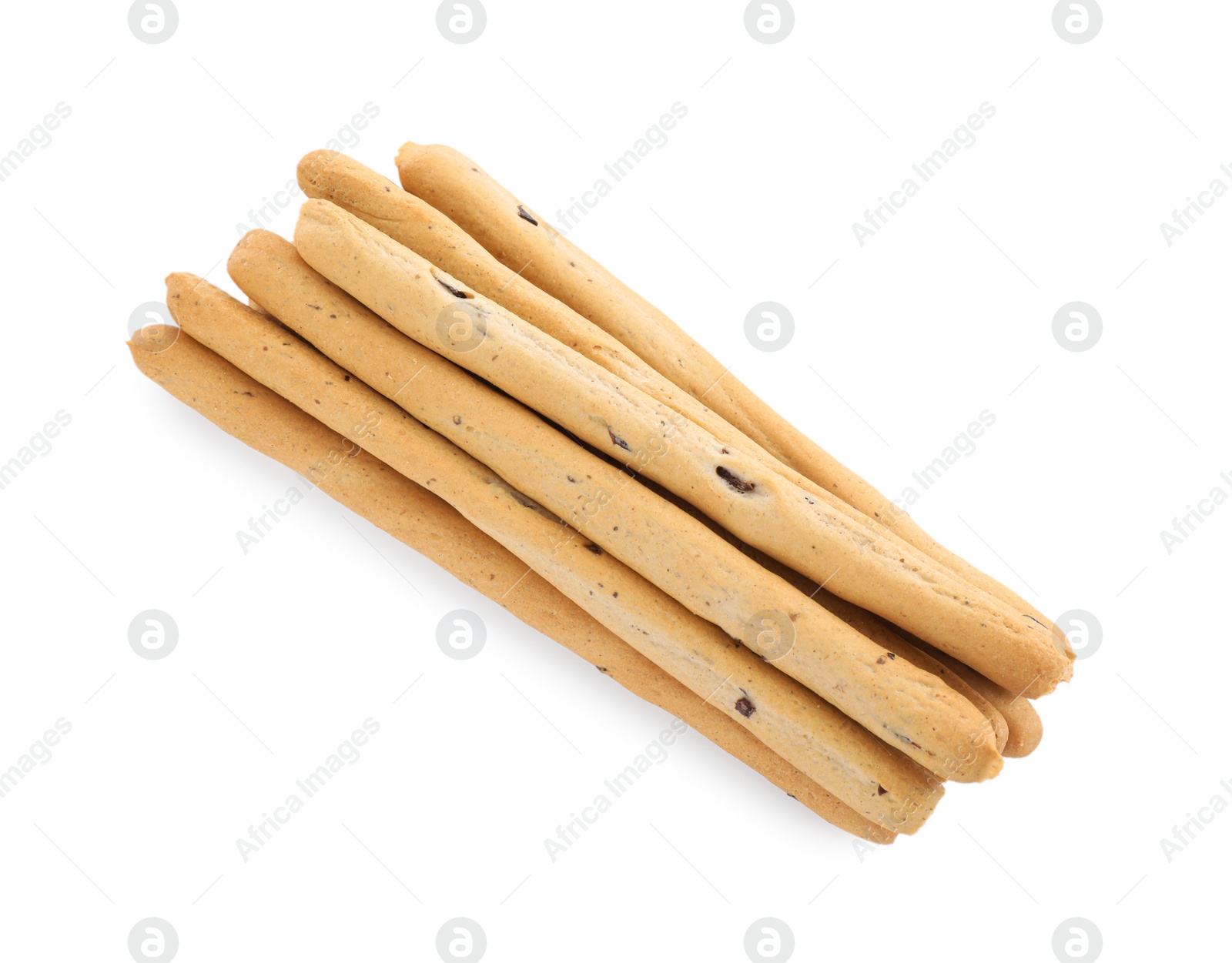 Photo of Fresh delicious grissini sticks on white background, top view