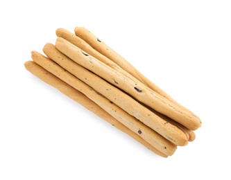 Fresh delicious grissini sticks on white background, top view