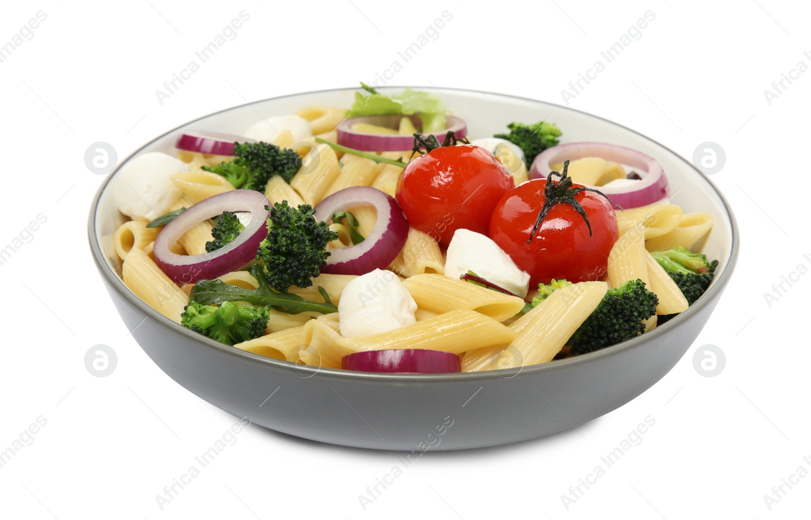 Photo of Bowl of delicious pasta with tomatoes, onion and broccoli on white background